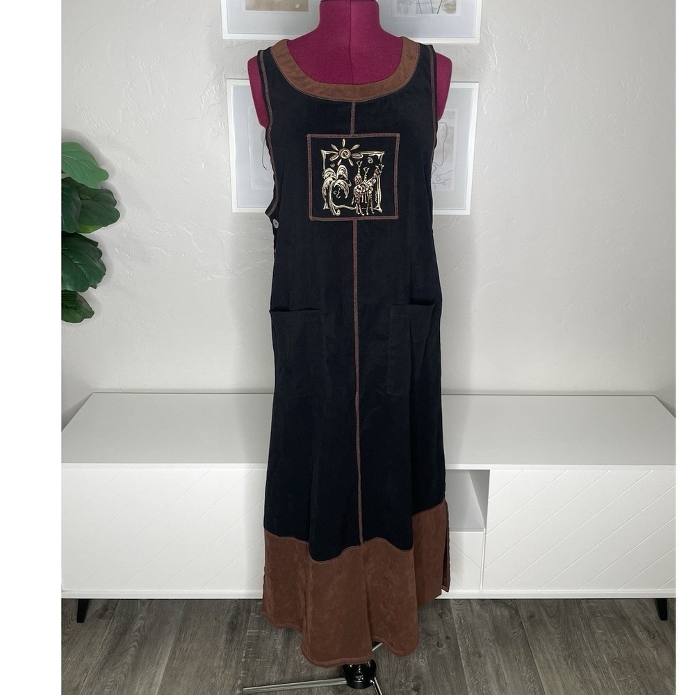California Concepts Jumper Dress Womens 10 Black Brown Embroidered Giraffe Midi